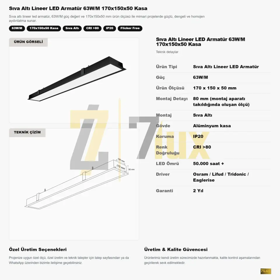 Sıva Altı Lineer LED Armatür 63W/M 170x150x50 Kasa