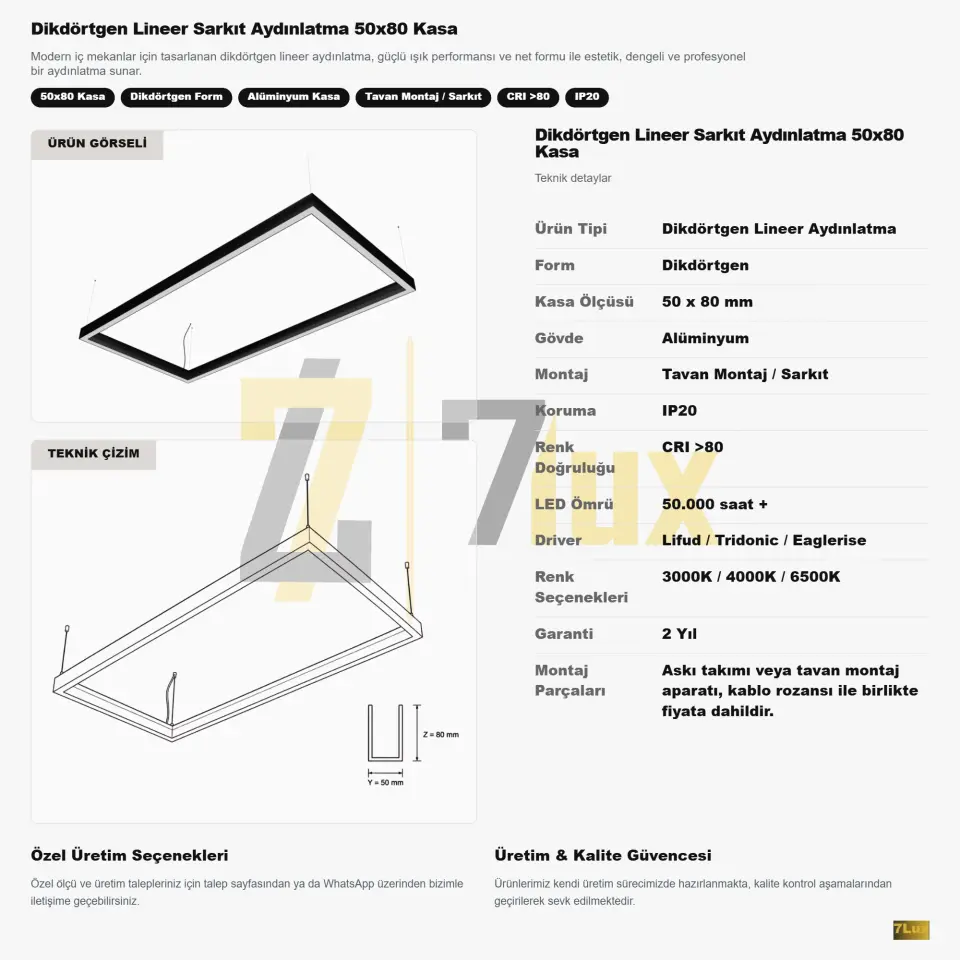 Dikdörtgen Lineer Aydınlatma 50x80 Kasa