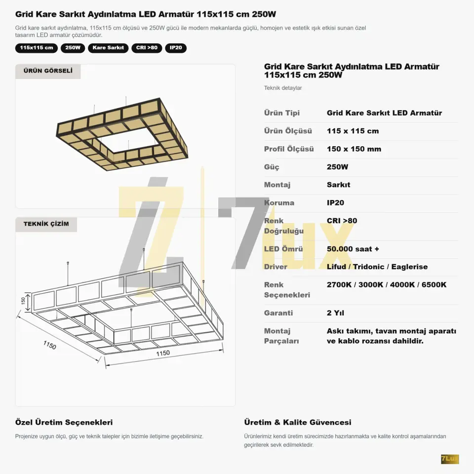 Grid Kare Sarkıt Aydınlatma LED Armatür 115x115 CM
