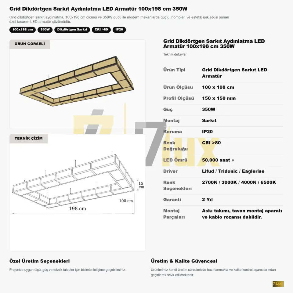 Grid Dikdörtgen Sarkıt Aydınlatma LED Armatür 100x198 cm 350W