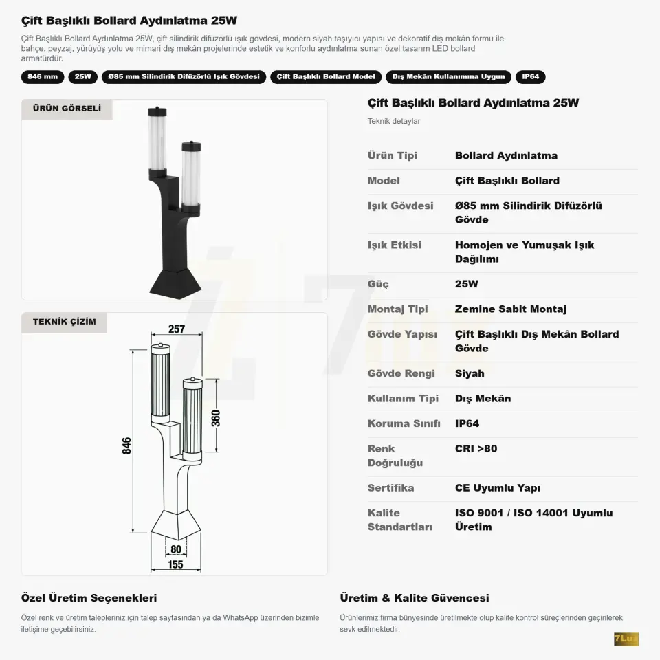 Çift Başlıklı Bollard Aydınlatma 25W